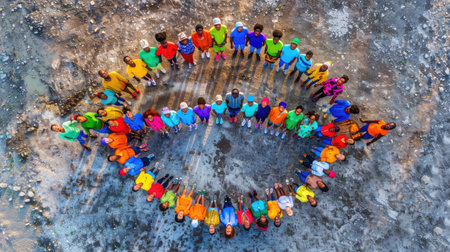 A captivating aerial view captures a diverse group of individuals forming a vibrant circle outdoors, showcasing unity, friendship, and joy in colorful attire.の素材
