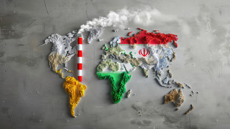 An artistic representation of a world map featuring pollution elements and the Iranian flag, designed to raise awareness about environmental issues.の素材