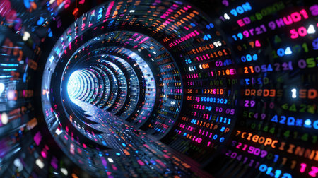 A vivid and dynamic abstract representation of a tunnel filled with flowing binary code, symbolizing the concepts of technology and information connectivity.の素材