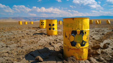 A striking image of yellow hazardous waste barrels lined across a dry landscape, showcasing environmental concerns and the impact of pollution on nature.の素材