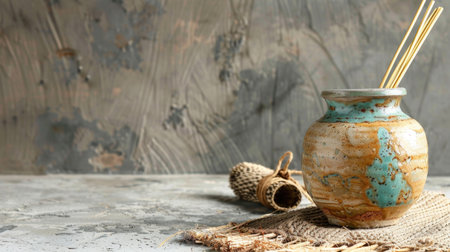 A beautifully crafted ceramic vase holding aroma sticks sits on a rustic surface, exuding natural colors and textures perfect for enhancing home decor and creating a soothing atmosphere.の素材