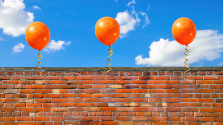 A captivating scene featuring vibrant orange balloons floating against a bright blue sky with fluffy clouds and a rustic brick wall, evoking feelings of joy and celebration.の素材