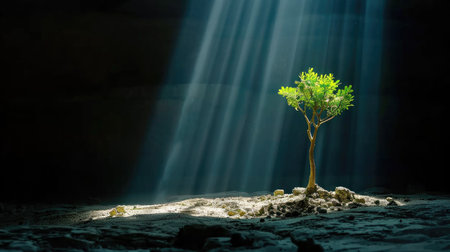 A solitary tree stands majestically in a dark environment, illuminated by beams of light. This image symbolizes growth, resilience, and the beauty of nature amid adversity.の素材