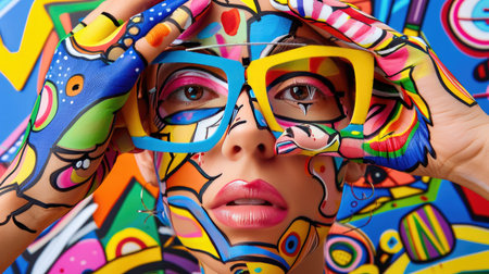 A stunning portrait of a young woman adorned with vibrant face and body paint, featuring bold colors and intricate designs against a lively abstract background.の素材