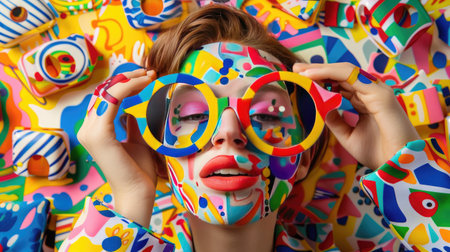 This captivating image features a woman adorned with colorful face paint and oversized glasses, surrounded by a lively artistic backdrop, embodying creativity and fun.の素材