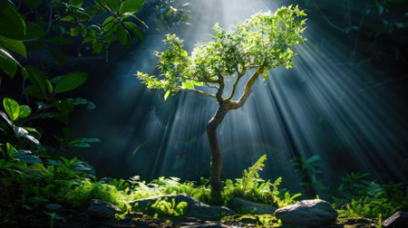 A stunning view of a solitary green tree illuminated by gentle rays of sunlight filters through foliage, creating a peaceful atmosphere in nature.の素材