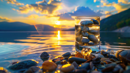 A stunning scene featuring a glass of water filled with smooth stones, resting on a bed of colorful pebbles by a tranquil lake during sunset.の素材