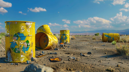 A vibrant scene featuring abandoned yellow recycling bins scattered across a dusty landscape under a clear blue sky. The image highlights environmental concerns and waste management issues.の素材