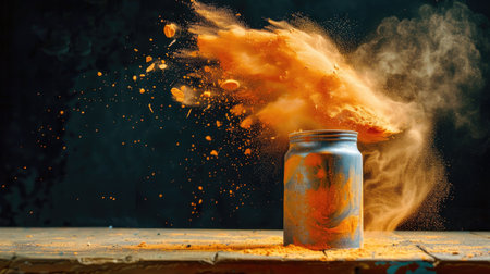 This striking image captures the vibrant explosion of colorful powder erupting from an open jar, showcasing dynamic motion and rich textures.の素材