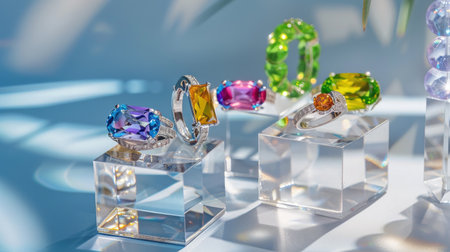 A captivating arrangement of colorful gemstone rings set upon clear displays, creating an elegant showcase that highlights their unique beauty and craftsmanship.の素材