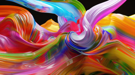 This image features a vivid display of abstract swirls in vibrant colors, creating a dynamic visual experience. The smooth textures and flowing patterns evoke movement and energy against a stark black background.の素材