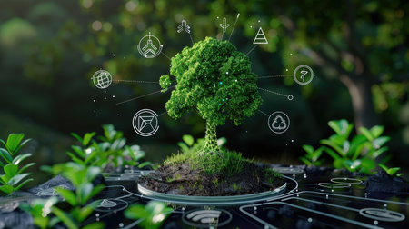 This captivating illustration features a digital tree surrounded by eco-themed symbols, representing the synergy of nature and technology in a serene environment.の素材