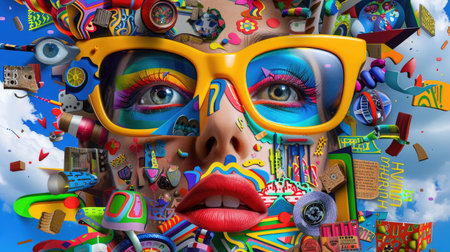 This vibrant artistic portrait features a woman with colorful face paint and playful 3D elements. The bold yellow glasses enhance the imaginative expression, creating a striking visual impact ideal for creative projects.の素材