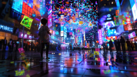 A captivating scene of a child standing in an illuminated urban street at night, surrounded by colorful digital projections and vibrant lights, creating a magical atmosphere.の素材