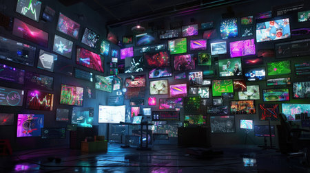 A high-tech control room filled with numerous screens showcasing vibrant data visuals. The cyberpunk atmosphere is enhanced by ambient lighting, creating a dynamic workspace ideal for technology enthusiasts and creatives.の素材
