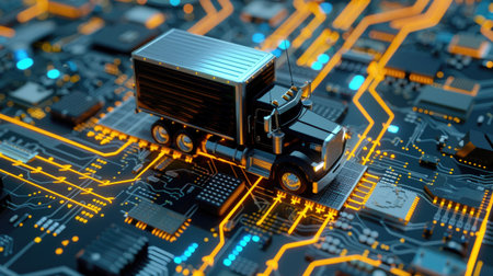 A striking image of a futuristic truck placed on a glowing circuit board, symbolizing the intersection of transportation and technology. The neon lights enhance the modern aesthetic, expressing innovation in logistics.の素材