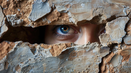 An intense close-up of a human eye observing through a cracked wall, showcasing intricate texture and earthy tones. This image evokes feelings of curiosity and isolation.の素材