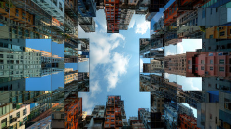 This captivating image showcases an innovative architectural reflection featuring colorful buildings beneath a bright sky, creating a dynamic urban landscape.の素材