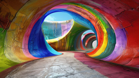 A mesmerizing abstract tunnel featuring bright colors and swirling patterns invites exploration. This imaginative landscape captivates with its vibrant hues and playful design, creating an enchanting atmosphere that sparks creativity.の素材