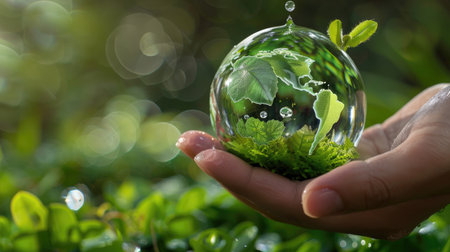 A hand gently cradles a glass sphere containing lush green leaves, symbolizing the beauty and importance of protecting our environment and nature.の素材
