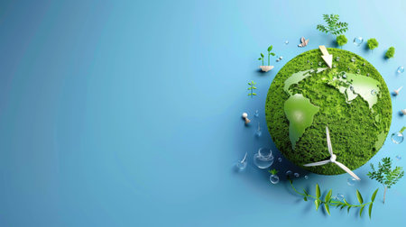This vibrant image illustrates the concept of sustainability, featuring a green earth surrounded by plants, wind turbines, and water droplets, representing a healthy ecosystem.の素材