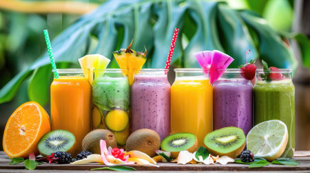 A stunning display of vibrant fruit smoothies in glass jars with colorful straws, surrounded by fresh fruits on a wooden table, perfect for healthy living.の素材