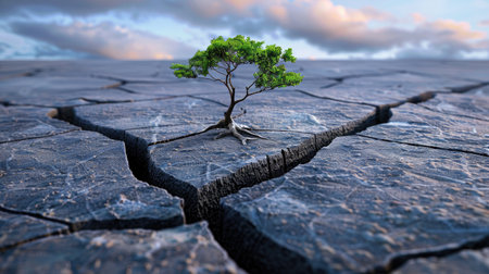 A solitary tree emerges from parched, cracked earth, symbolizing resilience against adversity. The stunning contrast between vibrant green leaves and barren soil highlights nature's beauty amidst challenging conditions.の素材
