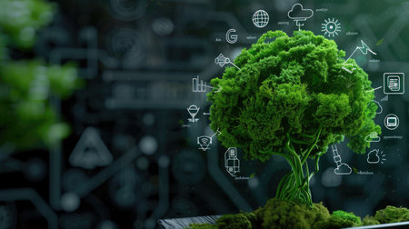 A vibrant tree with lush green leaves is illustrated with technology symbols, representing the harmonious relationship between nature and innovation for a sustainable future.の素材