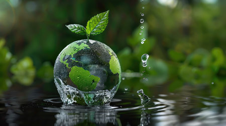 A stunning visual representation of a transparent globe with a green leaf, symbolizing environmental sustainability and natural beauty, surrounded by water droplets.の素材
