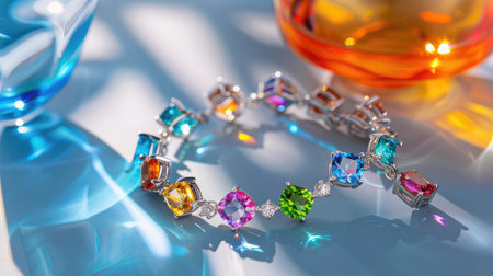 A stunning bracelet featuring an array of colorful gemstones arranged beautifully on a surface, surrounded by vibrant glassware that enhances its appeal.の素材