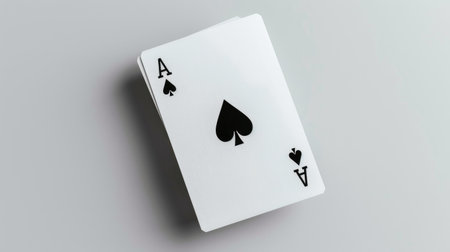 A close-up view of an Ace of Spades playing card positioned at an angle on a light gray background. The minimalist style highlights the stark contrast and clean lines, ideal for game-related themes.の素材