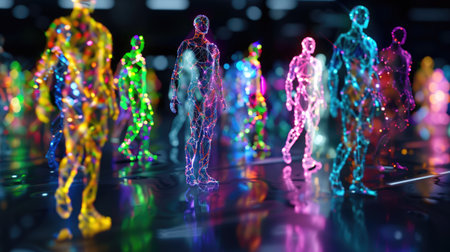 This vibrant image showcases colorful digital figures in motion within an abstract setting, highlighting creativity and innovation against a futuristic backdrop.の素材