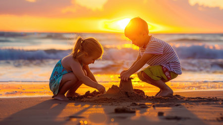 Two children joyfully build a sandcastle on the beach at sunset, creating lasting memories. The warm glow of the setting sun enhances the beautiful seaside scene.の素材