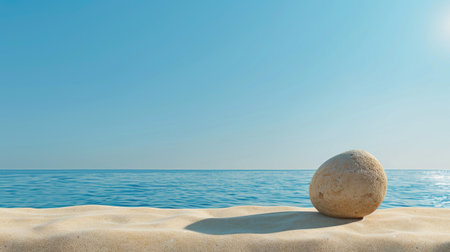 A serene beach scene featuring a smooth stone resting on warm sand, with gentle ocean waves lapping at the shore under a clear blue sky.の素材