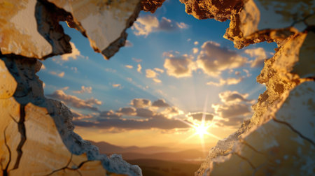 A stunning view of a vibrant sunset at dusk seen through a cracked wall opening, highlighting colorful clouds and warm sunlight illuminating the sky.の素材