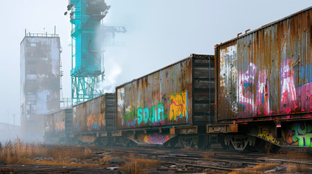 Explore the eerie beauty of an abandoned industrial site featuring freight trains adorned with vibrant graffiti, shrouded in mist and decay.の素材