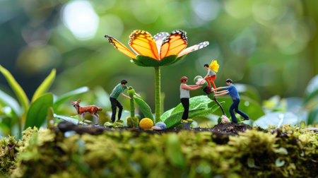 This imaginative stock photo captures miniature figures engaging in gardening activities around a vibrant flower and butterfly. Perfect for themes of nature, growth, and teamwork.の素材