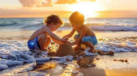 Two children joyfully play in the sand at the beach during a beautiful sunset, surrounded by gentle waves and warm glows, capturing a moment of childhood bliss.の素材