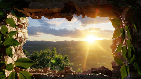 An enchanting sunrise viewed through a broken wall reveals a lush landscape bathed in warm light, highlighting nature's beauty and tranquility.の素材