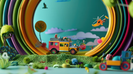 This vibrant paper art scene features a colorful vehicle and a helicopter amidst whimsical nature elements, creating a playful atmosphere. Perfect for imaginative projects.の素材