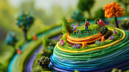A stunning textile landscape features vibrant colors woven into a unique design, showcasing miniature figures and an animal, creating a whimsical scene.の素材