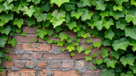 A vibrant display of lush green ivy climbing over a rustic brick wall, showcasing nature's resilience and beauty in an urban environment. The interplay of textures creates a captivating backdrop.の素材
