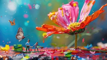 A captivating scene featuring tiny figures engaged with a large, colorful flower and butterflies. The vibrant colors and whimsical elements create a joyful atmosphere.の素材