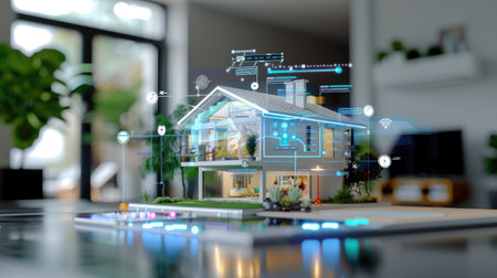 A modern smart home model showcasing digital interfaces and data visualization. This image highlights innovation in home technology and connectivity for modern living.の素材