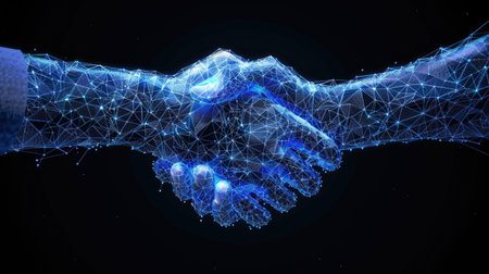 A striking digital artwork depicting two hands shaking, symbolizing collaboration and trust in a technology-driven world, emphasizing connectivity and innovation.の素材