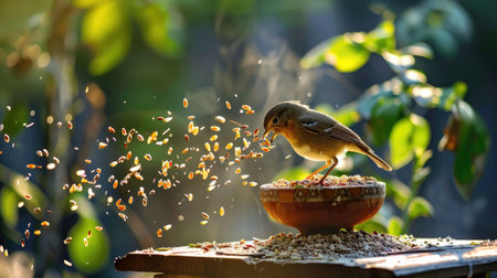 A beautiful bird foraging for seeds in a bowl, surrounded by lush greenery, illuminated by soft sunlight, capturing nature's serene beauty.の素材