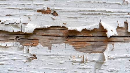 This image features a close-up view of old, peeling white paint that reveals the wood underneath, showcasing unique textures and patterns for creative projects.の素材