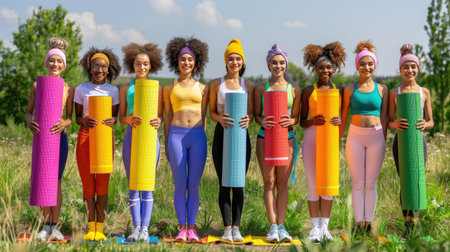 A vibrant group of diverse women stands in a field, each holding colorful yoga mats. The scene captures a moment of unity and joy in nature, promoting healthy lifestyles and outdoor fitness.の素材