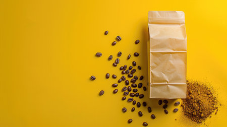 A visually striking image showcasing coffee beans spilled next to a packet of ground coffee against a bold yellow backdrop, perfect for food-related projects.の素材