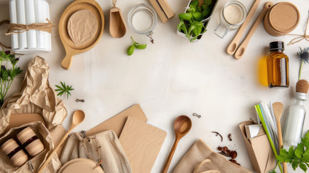 A visually appealing arrangement of kitchen utensils and natural ingredients on a light surface, perfect for culinary projects and eco-friendly themes.の素材
